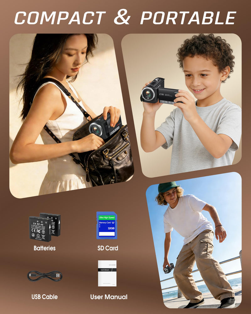 Video Camera Camcorder, QHD 2.7K 56MP 16X Digital Zoom Vlogging Camera | 2.8" 270° Rotatable Screen Camcorder, Built-in LED Fill Light Camcorder for YouTube with 32GB Card and Two Batteries