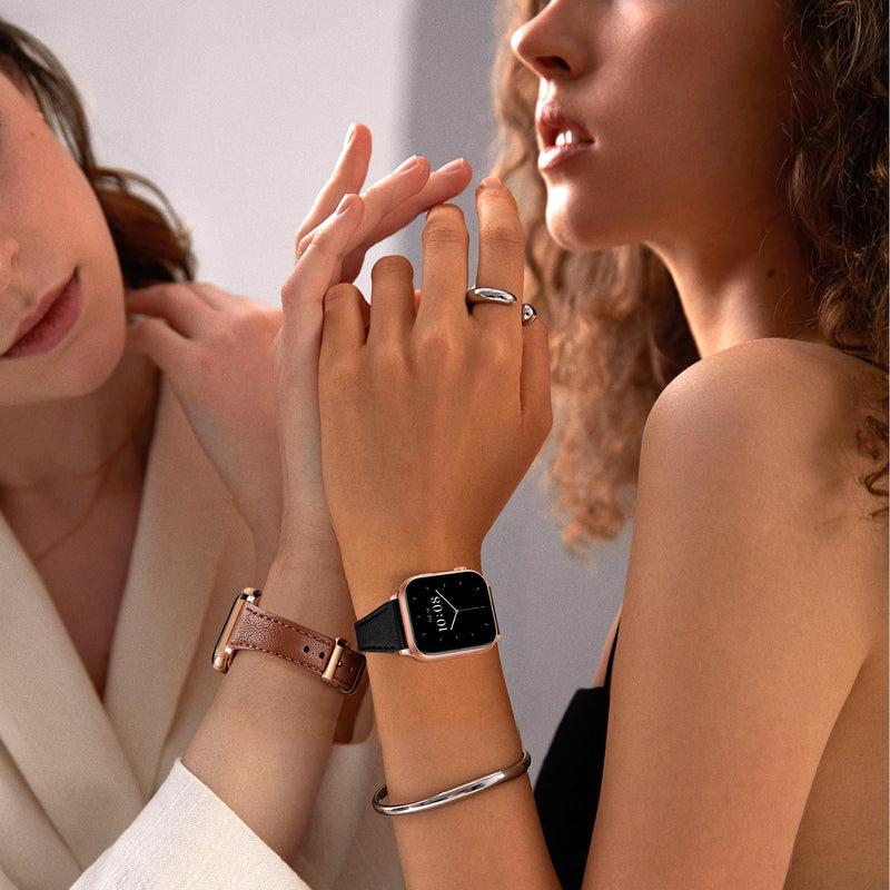 JR.DM 2 Pack Slim Leather Bands for Women Compatible with Apple Watch 40mm 42mm(S10/11) 41mm 38mm, Soft Top Leather Watch Thin Straps Replacement for iWatch Series 11/10/9/8/7/6/5/4/3/2/1/SE A1-2pcs-Black/Brown for Rose Gold 38/40/41/42mm(series 11/10)
