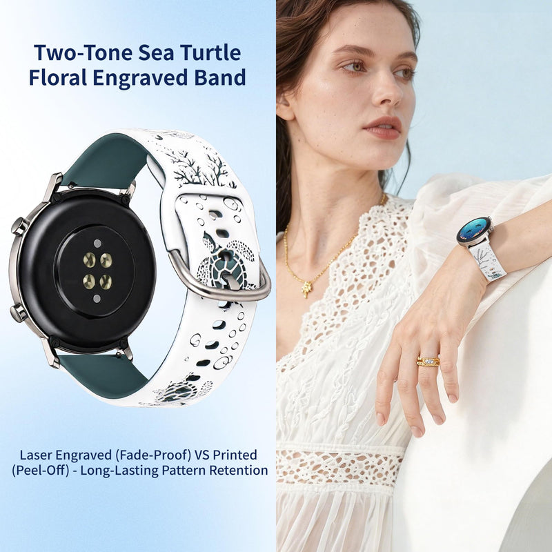 Sea Turtle Engraved Bands for Samsung Galaxy Watch 9/8/7/6/5/4 (40mm/44mm) | Soft Cute Silicone Sport Band for Galaxy Watch 3(41mm)/5 Pro(45mm) Active 2(40/44mm) Garmin Vívoactive 6/5/3 Amazift Active 2 White/Pine Needle Green