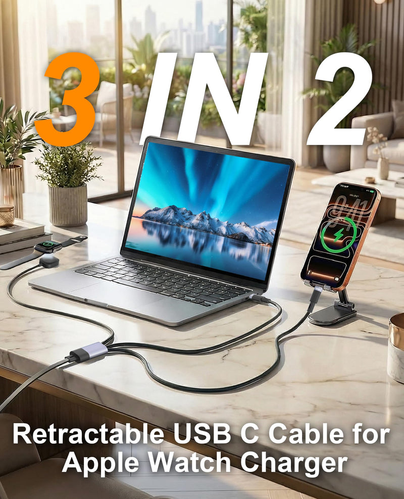 3 in 2 Retractable USB C Cable for Apple Watch Charger - 100W USB C and iWatch Charger with Data Sync, Portable Travel Cable for iWatch Ultra 2/SE2/Series 11-1, iPhone 17/16/15, iPad, AirPods, MacBook