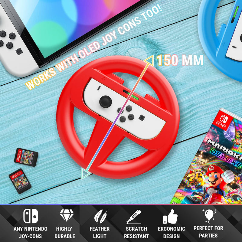Orzly Steering Wheels for Nintendo Switch & OLED JoyCons, Racing Wheels for Mario Kart 8 Deluxe [Mariokart Switch Steering Wheel Joycon Controller Attachment Accessories] - TWIN PACK[1x Red & 1x Blue] 1x BLUE & 1x RED Steering Wheel for Nintendo Switch