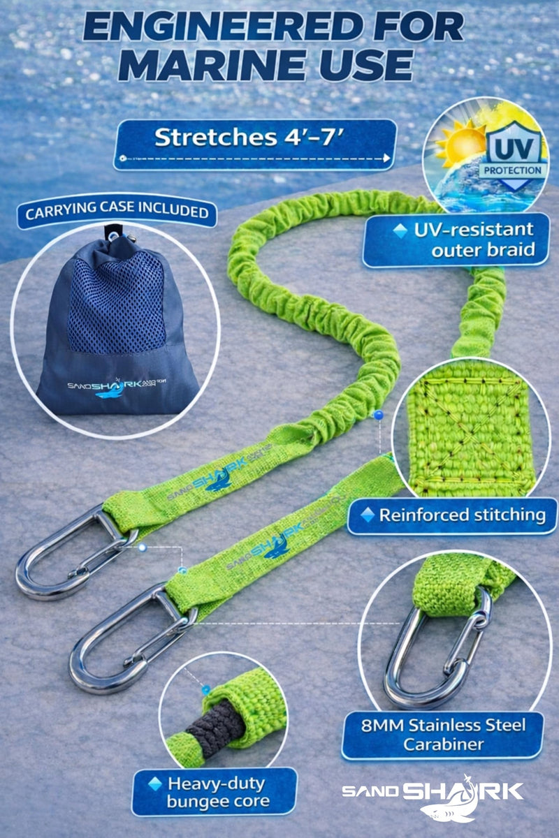 SandShark Premium Flat Bungee Dock Line – Stretches 4-7 FT - Boat & Jet Ski Dock Lines with Stainless Steel Carabiners – Shock Absorbing Mooring Rope for PWC, Boats & Pontoons. Neon Green 4-7ft 2 Pack