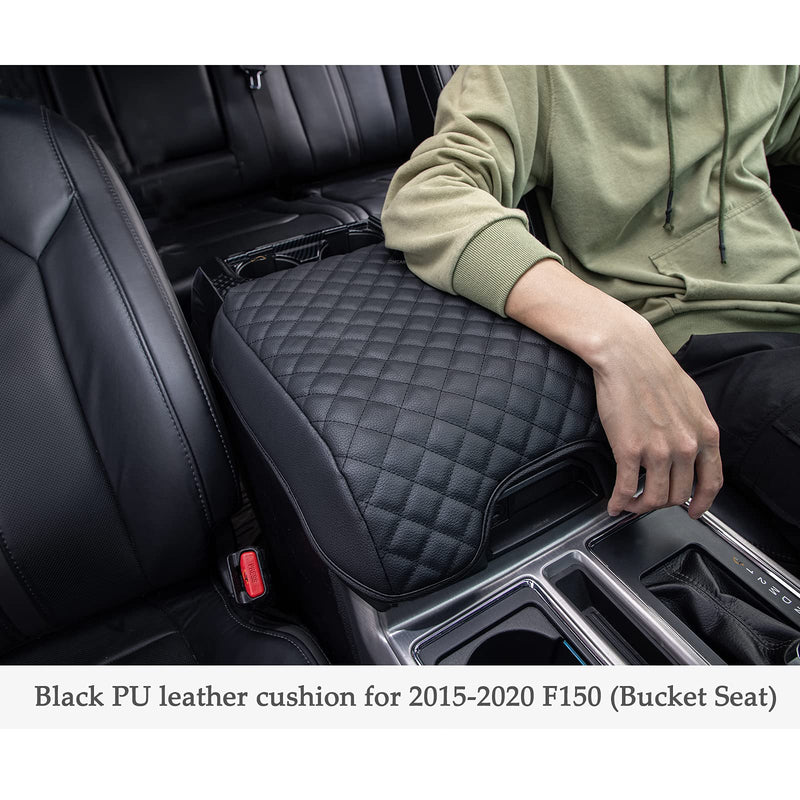JDMCAR Center Console Cushion Compatible with 2015-2020 Ford F150 / 2017-2022 F250 F350 F450 and 2018-2024 Expedition Accessories, Customized PU Leather Armrest Cover Protector (Bucket Seat Only) Black-Pu Leather Bucket Seat