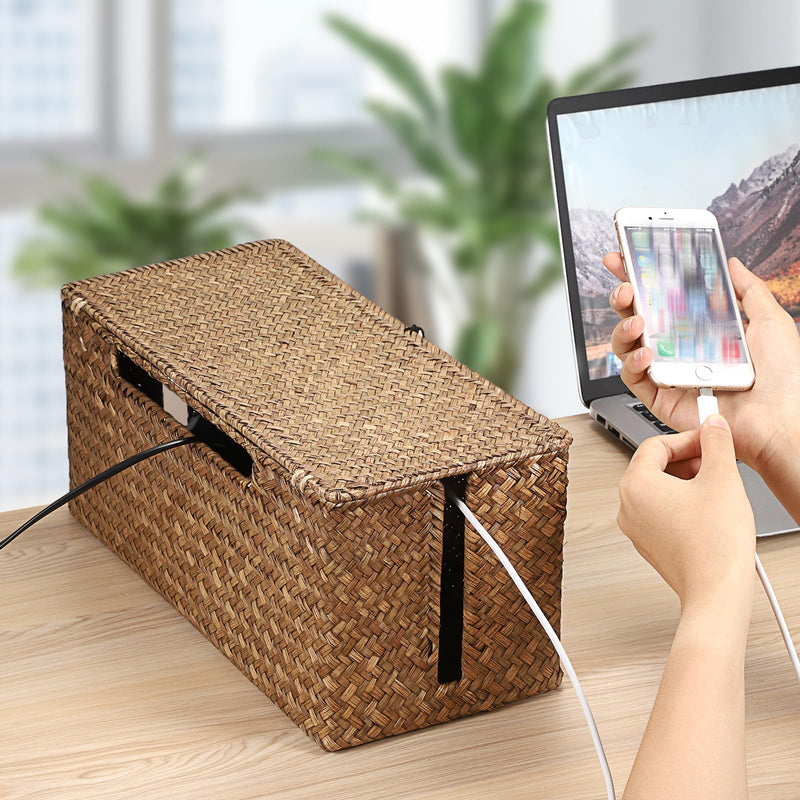 BTSKY Woven Cable Management Box with Lid, Seagrass Cord Organizer with 2 Open Slots for Power Strips & USB Hubs, Under Desk Cord Hider Box for Home Office, Pet Proofing Wire Basket, Large Coffee