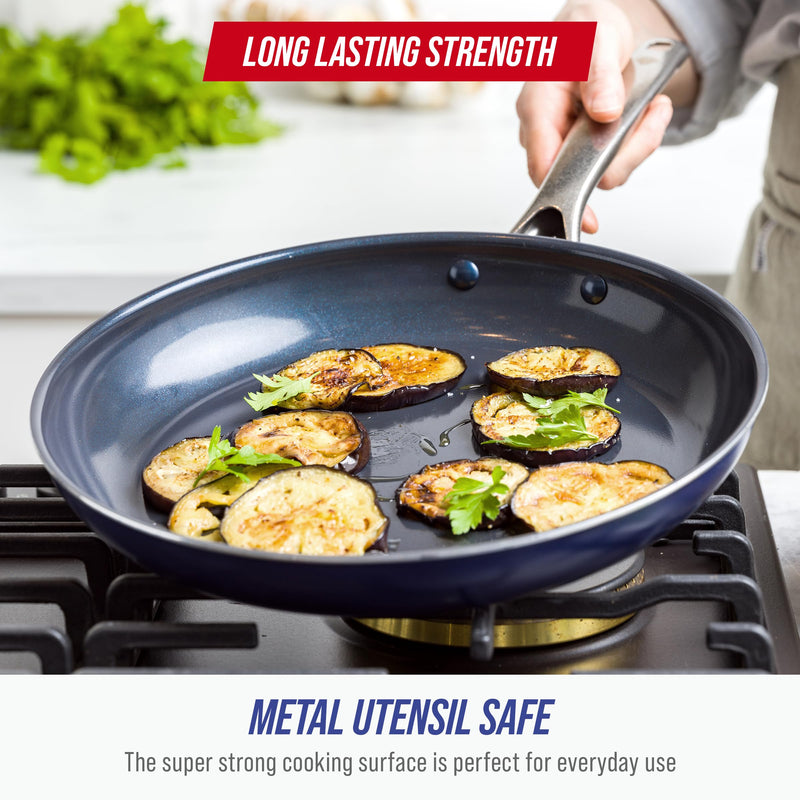 Blue Diamond 12" Nonstick Frying Pan Skillet, Diamond Infused PFAS-Free Ceramic Pot, Dishwasher & Oven Safe, Stay Cool Handle, Durable Non Toxic Metal Utensil Safe, Egg & Omelet Pan, Blue 12" Frying Pan Skillet