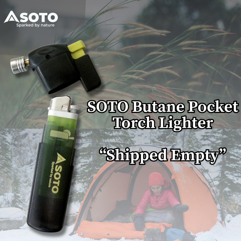 SOTO Butane Torch Lighter, Compact Windproof Pocket Lighter, Refillable, Adjustable Flame, Durable and Portable for Camping, Hiking, BBQs, and DIY Projects. Shipped Empty.