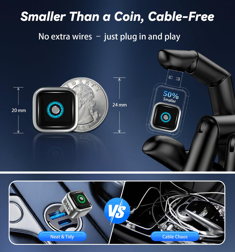 2026 Upgraded Wireless CarPlay Adapter with Buttons for Privacy Call & Two-Phone Fast Switch, Aluminum Cooling, Dual-Band WiFi, Mini Cable-Free, Compatible with Apple iPhone & Android Auto, Gray