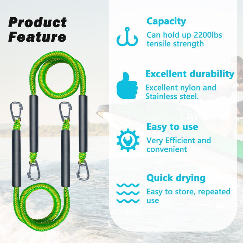Bungee Dock Line with Double 316 Stainless Steel Clips Floatable Mooring Rope Boat Snubber Docking Rope for PWC, Boat Accessory for Kayak, Watercraft, Bass Boat, SeaDoo, 4FT, 2 Pack Green and Yellow