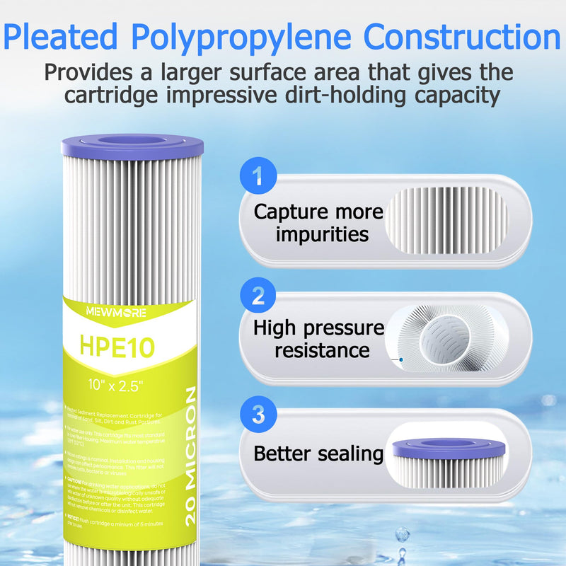20 Micron Whole House Water Filter Cartridge, Pleated Sediment Filters for Well Water, Universal Replacement for Any 10 inch RO Unit - 10" x 2.5" Cartridges - Pack of 6 6 Pack 20 Micron