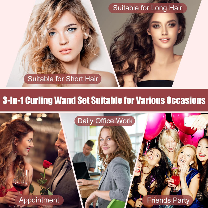 Curling Wand 3 in 1 Hair Curler Ceramic Curling Tongs Iron Set | Long Thick Thin Hair Interchangeable Barrels Beach Waves Styling Tools with Glove Rose Gold hair curler 3 in 1