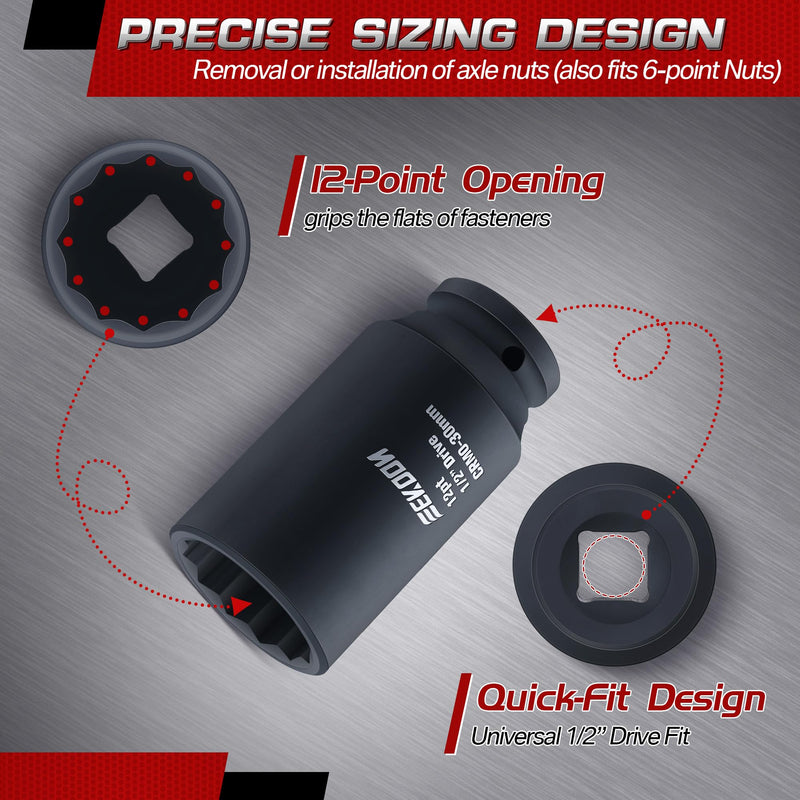 Feekoon Axle Nut Impact Socket, 30mm, 12 Point, 1/2 Inch Drive, CR MO, Spindle Nut Socket for Removing Axle Shaft Nuts, Universal Quick Fit Nuts Remover, Deep Well Hub Release Tool for Impact Wrench