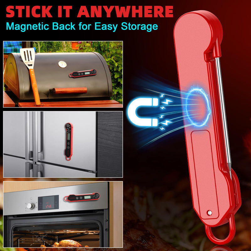  [AUSTRALIA] - Digital Meat Thermometer for Cooking – Waterproof Instant Read Food Thermometer with Backlight & Calibration, Fast Read, Folding Probe for BBQ, Grill, Candy, Deep Fry, Kitchen, Liquids, Beef（Red） Red