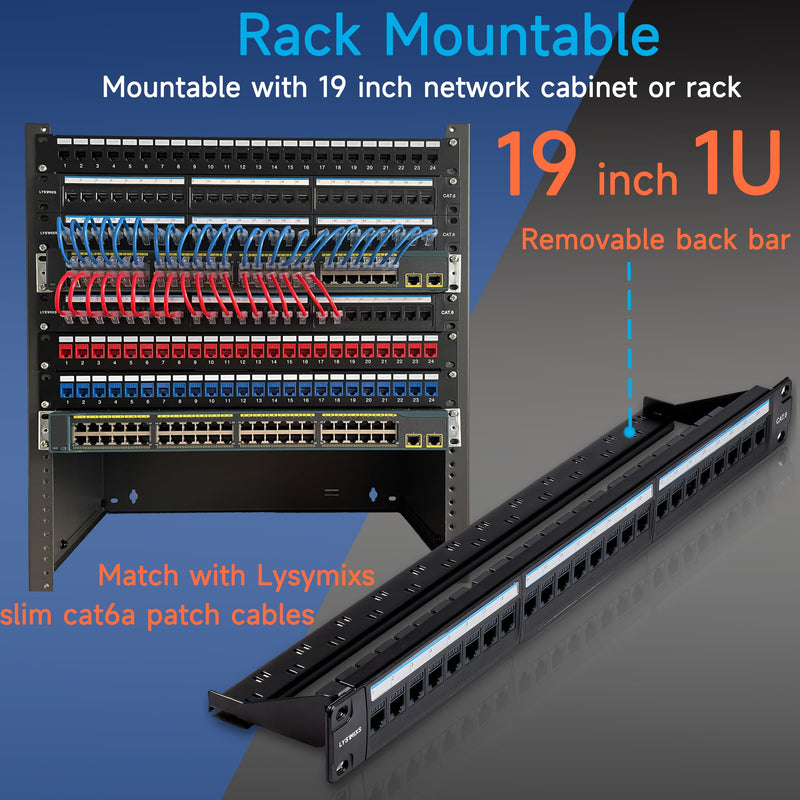 24 Port RJ45 Patch Panel Cat6 Feed Through, Coupler Network Panel 19 Inch, Inline Keystone Ethernet Patch Panel with Back Bar Black 24port