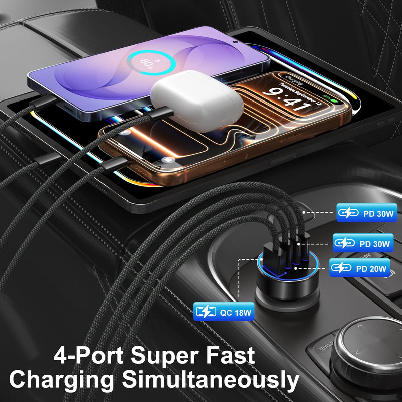98W Car Charger USB C, 4 Port Fast Cigarette Lighter USB Charger with Cable | 4 in 1 Fast Charging Cigarette Lighter Adapter,Dual PD 30W Type C Car Charger for iPhone 17/16/15 Pro Max,Galaxy,Pixel,iPad Black