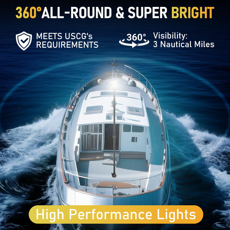 Stern Light Boat Anchor Light, 26"–48" Telescoping Pole Boat Lights with Base, Marine Navigation Lights for Boats LED, for Pontoon, Fishing, Bass & Jon Boats, 12–24V (Black) Black