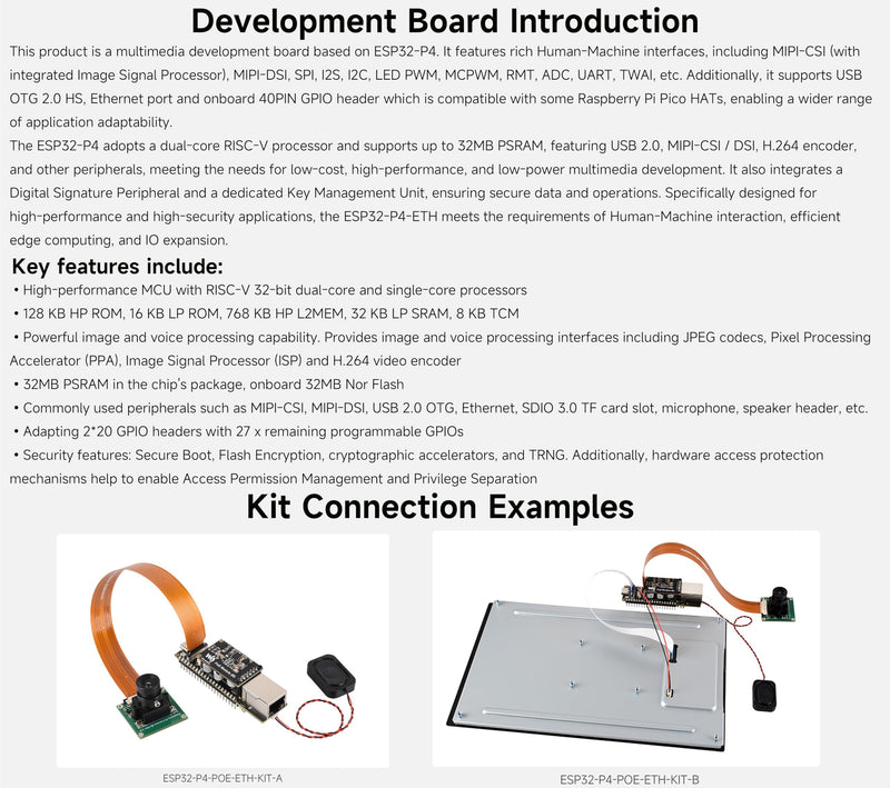 ESP32-P4-ETH Development Board, Based On ESP32-P4 with 100 Mbps RJ45 Ethernet Port, Rich Human-Machine Interfaces (Display/Camera/Speaker Header,etc.), Supports AI Speech Interaction