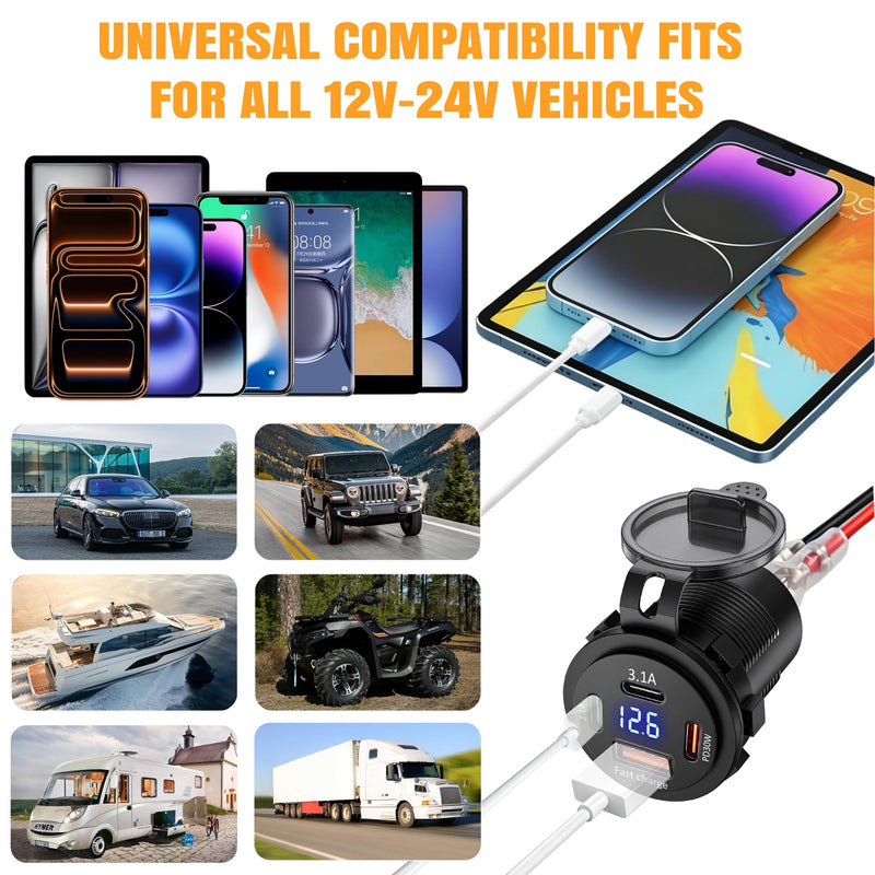2 PCAK 12V USB Outlet PD Fast Charging, Multi Port Car Charger Socket 12V/24V with Voltmeter, Waterproof USB Cigarette Lighter Replacement for Car Boat Marine RV Golf Cart