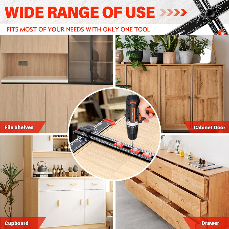 4 in 1 Drilling Positioning Ruler, Aluminum Alloy T Square Ruler 14in, Multifunctional T Ruler, Cabinet Handle Template Tool for Installating Handles, Cabinet Hardware Jig for Woodworking