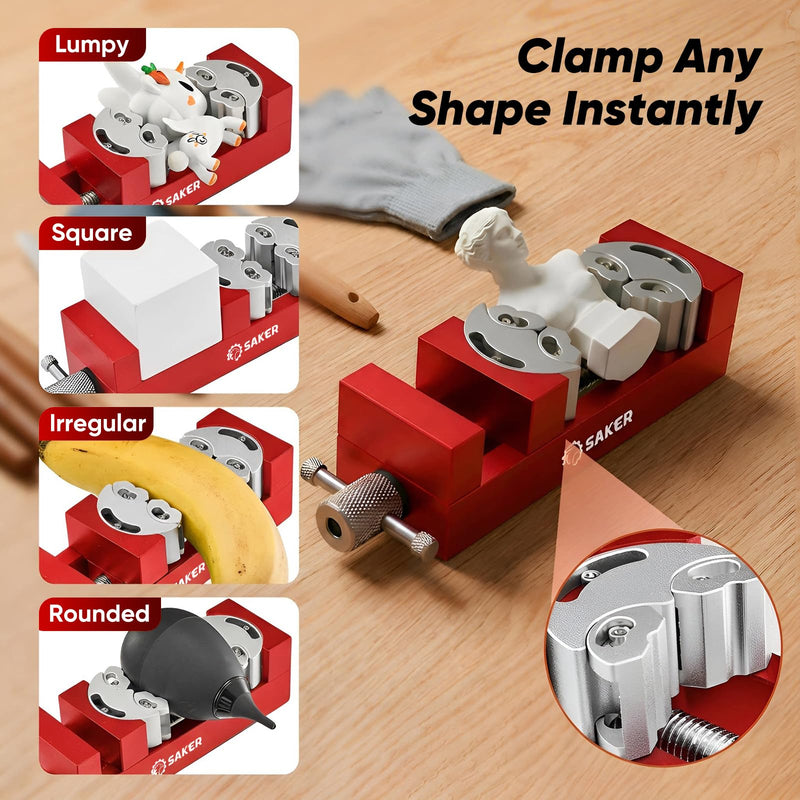 Saker Fractal Vise-Mini Vice Clamp- Bench Vice/Drill Press Vise, Self-Adjusting Aerospace-grade Aluminum Alloy&Heavy-Duty CNC Machined for Jewelry Making, DIY, Woodworking, and Repair Red