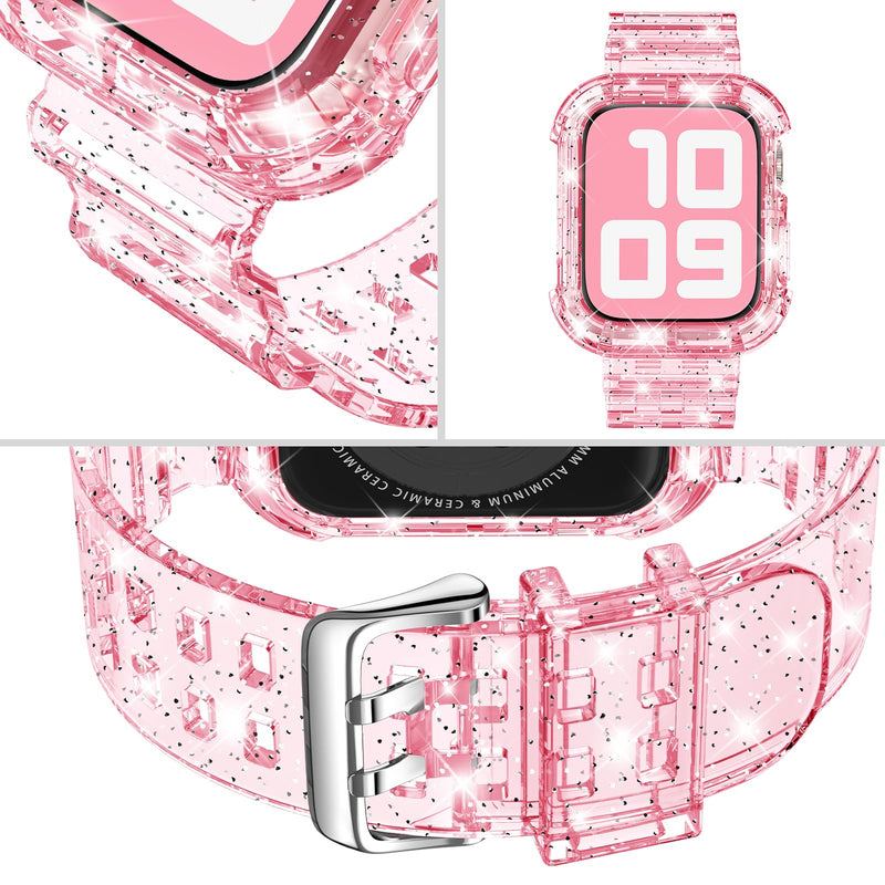 DABAOZA Compatible for Clear Apple Watch Band 41mm 40mm 38mm 42mm 44m 45mm 49mm with Case, Women Glitter Bling Sport Strap for iWatch Band Ultra 2/1 Series 9 8 7 6/SE 5 4 3 2 1 Glitter Clear Pink 41mm/40mm/38mm