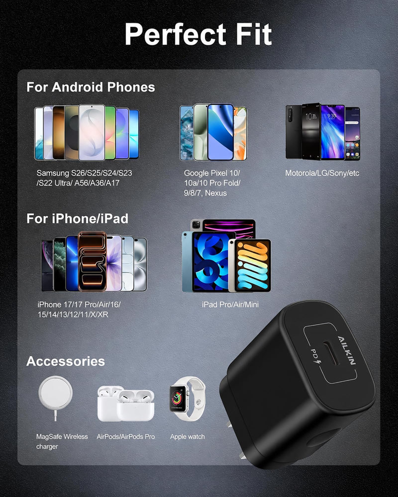iPhone 17e 17 Usbc Block, 25w Fast Charging USB C Wall Charger USB-C Plug | apple charger block single port type c power wall outlet android samsung Black