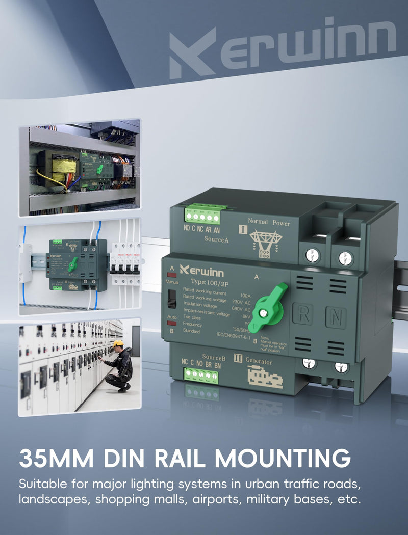 Mini ATS Automatic Transfer Switch 100 amp Manual Transfer Switch Power Transfer Switch 220V Dual Power Electrical Selector Switches DIN Rail Mount（3P） 3P