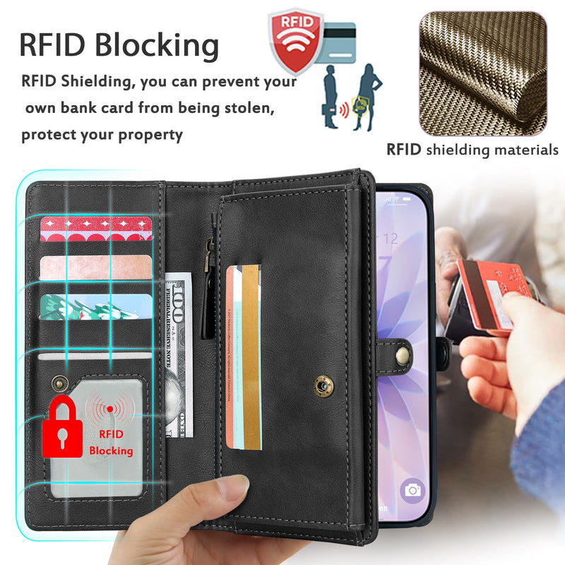 for Wallet Case Compatible with iPhone 17 Pro Max,Multi-Function Detachable 2 in 1 Magnetic iPhone 17ProMax Case Wallet,Flip Strap Zipper Card Holder Phone Case with Shoulder Strap(Darkgray) DarkGray