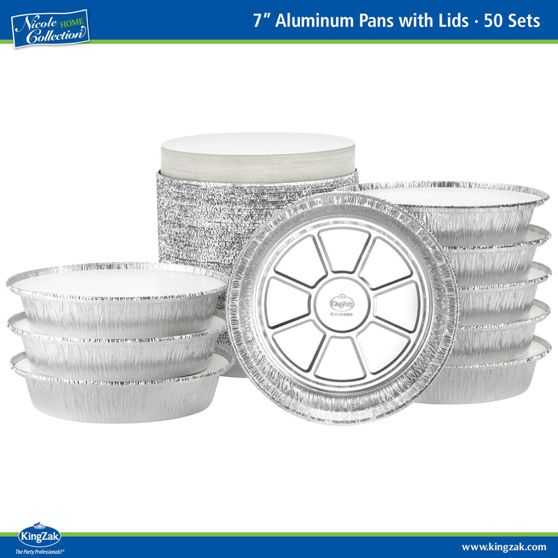 Nicole Home Collection Aluminum Pans 7” Round Disposable Foil Pans With Lids (50 Pack) – 7 Inch Round Disposable Takeout Pans With Board Lids (7" Inch Round) 7" Pans & Board Lids - 50 Sets
