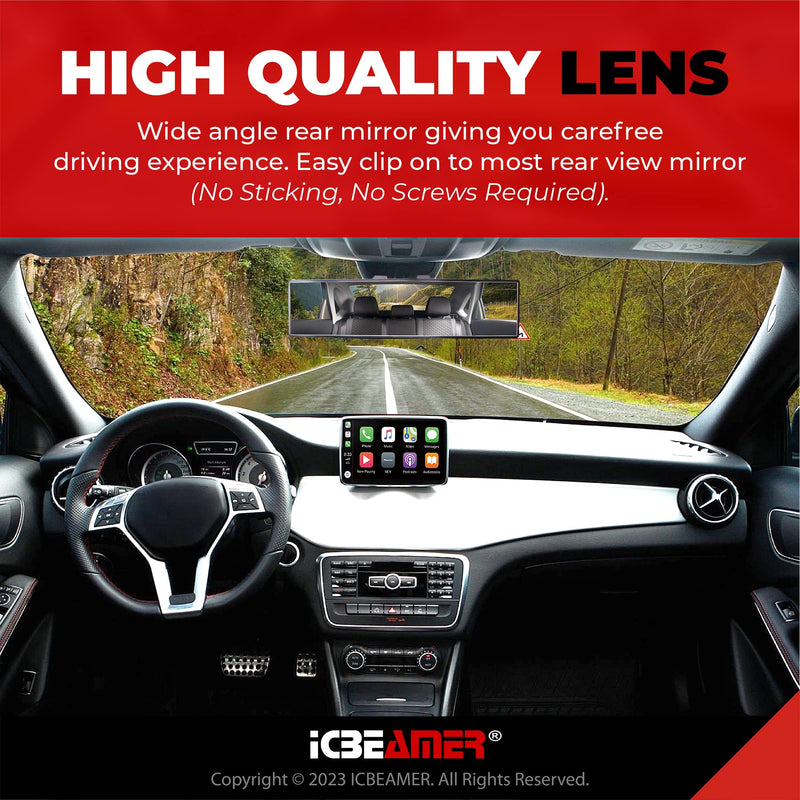 15.8" ICBEAMER Clip On Rear View Mirror | Flat Clear Tint Glass, Panoramic Wide Angle HD Glass, Anti Glare, Universal Fit for Car, SUV, Truck | Eliminates Blind Spots (1 Pack) 15.8"- Flat