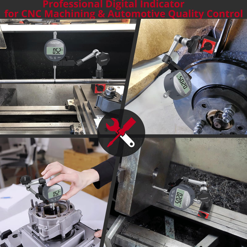 XUNTOP 0-1inch/0.0005inch Dial Digital Indicator and 90lbs (40kg) Magnetic Base Magnetic Electronic Indicator with 3 Adjustable Joints 5/16 inch (8mm) Clamping Diameter for Lathe CNC 3D Printer PRIME-90lbs/40kg Max Pull