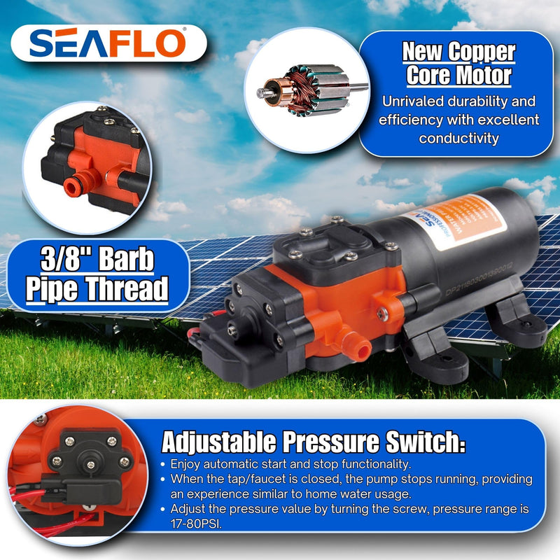 SEAFLO 21-Series Water Pressure Diaphragm Pump - 12V DC, 1.2 GPM, 35 PSI with Adjustable Pressure Switch, Self-Priming, Quiet Operation for RV, Boat, and Off-Grid Applications 1.2 GPM - 35 PSI