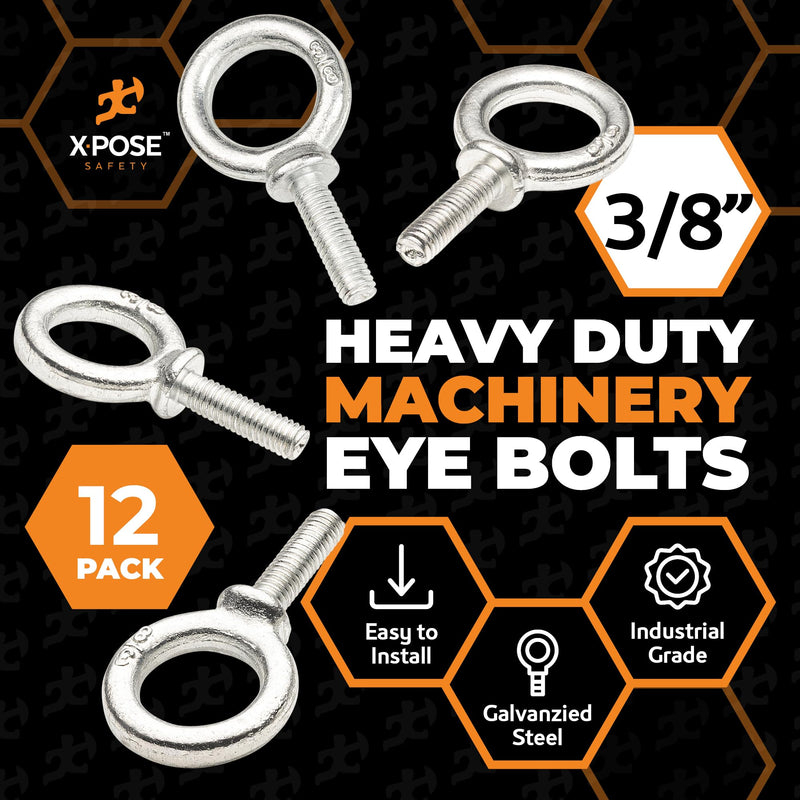 Xpose Safety Shoulder Eye Bolt 3/8"-16 x 1-14" - Industrial Strength Threaded Lifting Eye Bolt Screw for Machinery, Hoist, Anchor, Towing & More - 3/8" Eye Bolts Heavy Duty Galvanized Steel 12 Pack