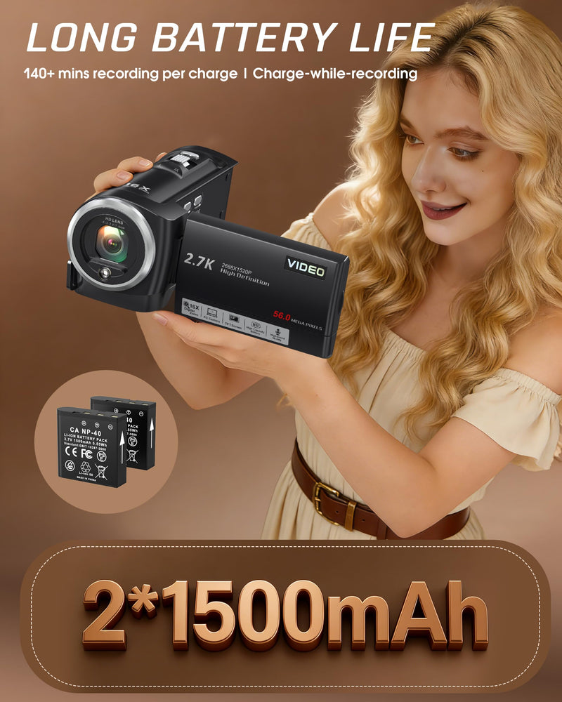 Video Camera Camcorder, QHD 2.7K 56MP 16X Digital Zoom Vlogging Camera | 2.8" 270° Rotatable Screen Camcorder, Built-in LED Fill Light Camcorder for YouTube with 32GB Card and Two Batteries