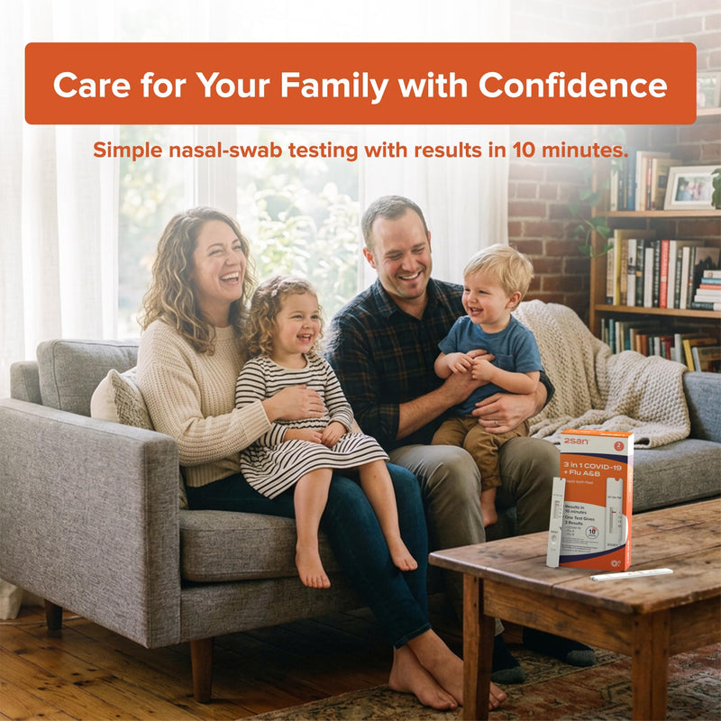 2San COVID & Flu Combo Test, 3-in-1 Rapid Antigen Home Test (2 Pack) | Detects COVID-19, Flu A & Flu B from one nasal swab - results in 10 minutes - for ages 2 and up