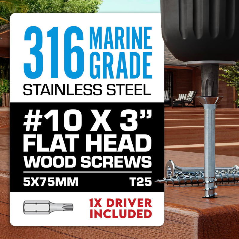 Allen's Trading Co. #10 x 3 Inch 316 Stainless Steel Screws Marine Grade (100 Pack, T25 Star) | Stainless Steel Wood Screws w/Driver Bit | High Corrosion Resistance for Coastal Construction 100 10 x 3 Inch