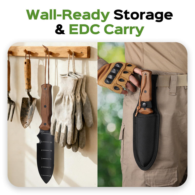 Hori Hori Garden Knife, Garden Tools Trowel with EDC Sheath, Gardening Tools for Weeding Digging Planting with 7" Stainless Steel Blade,Dual-Scale Measurement,Hanging Hole, Gifts for Women Mom Men Dad Black & Walnut