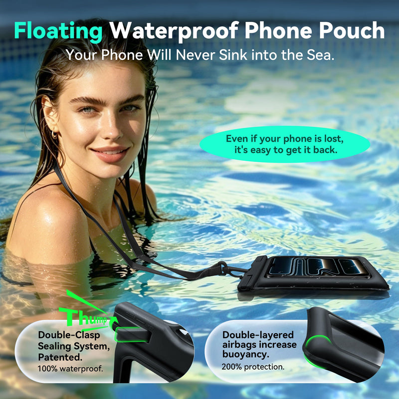 Floating Waterproof Phone Pouch 2 Pack - Dual Floatable Airbags Up to 7.2", IPX8 Waterproof Phone Dry Bag with Lanyard for Beach, for iPhone 17 16 15 Samsung Galaxy Etc., Black + Green