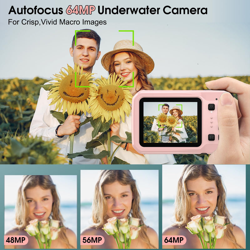 4K Underwater Camera, 64MP 16FT Waterproof Camera w/16GB Card, Pink | Floatable Digital Camera, 16X Digital Zoom, Auto Focus, Fill Light, 650mAh Battery, Ideal for Travel, Surfing, Swimming