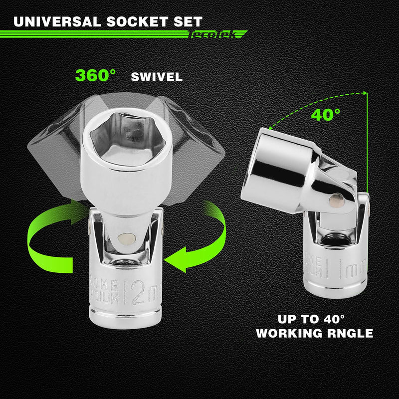TecoTek 19-Piece 1/4-Inch Drive Universal Joint Socket Set, Swivel Socket Set, 6-Point, SAE (3/16" to 9/16") and Metric (5mm to 15mm), CR-V, Universal Flex Socket for Easier Access to Tight Spaces 1/4" Dr. Metric & SAE (19pcs)