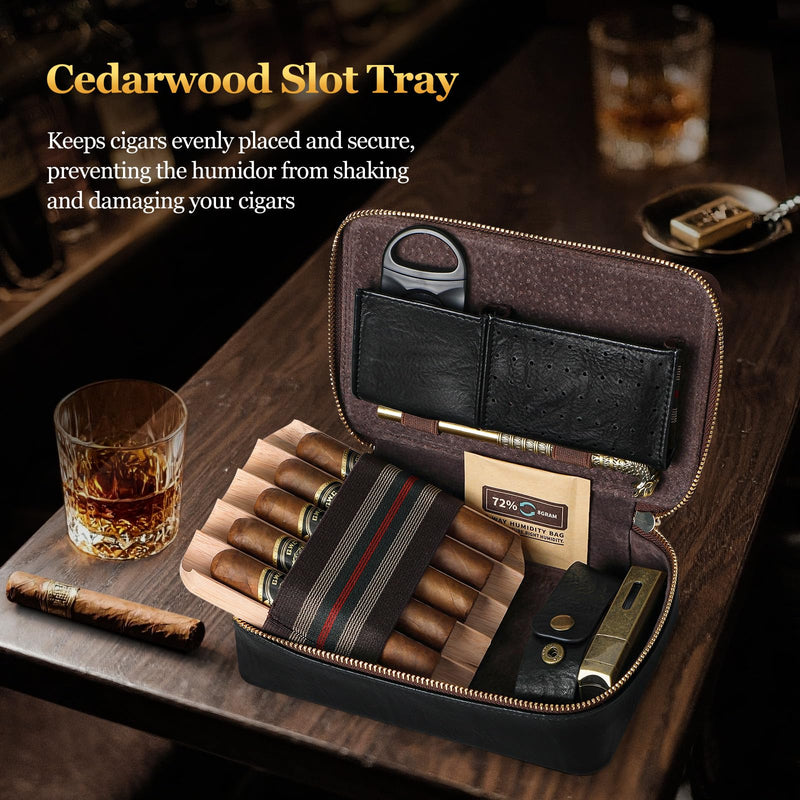 Cigar Humidor, Leather Travel Cigar Case, Portable Cigar Box with Cigar Draw Enhancer and Multifunction Cigar Cutter, Cigar Accessories Gift Set (Black) Black