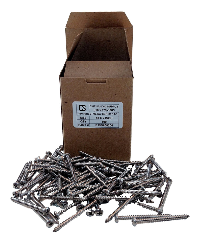 #8 x 2" Stainless Philips Pan Head Sheetmetal Screw (1/2" to 2" Lengths in Listing) 100 Sheet Metal Screws (#8 x 2 inch) #8 x 2 inch