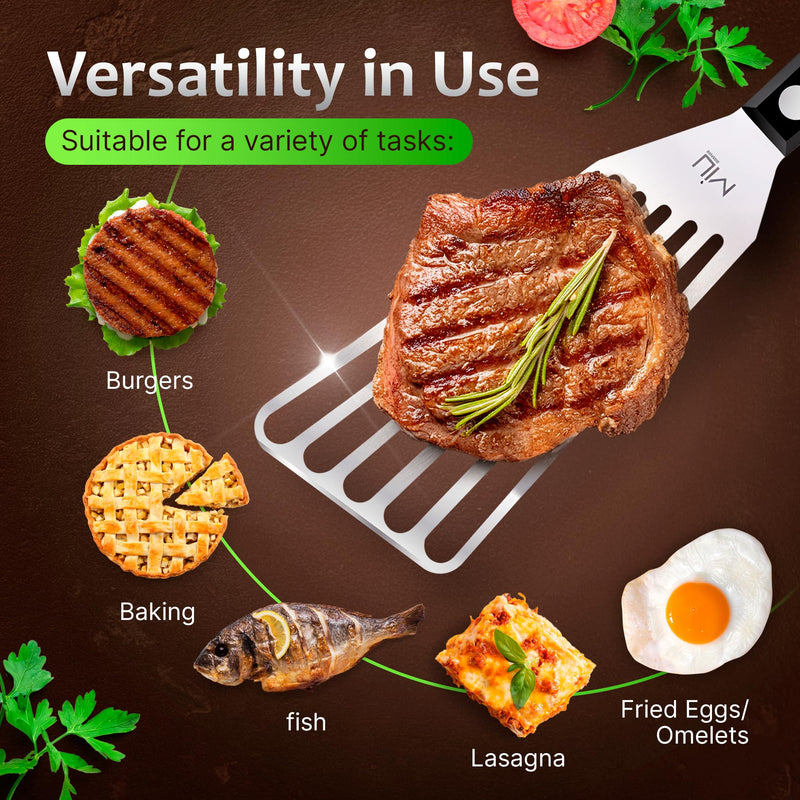MIU Fish Spatula Stainless Steel, Flexible, Polished Metal, Corrosion Resistant, Kitchen Slotted Turner [Upgraded Version] 11 inch Silver