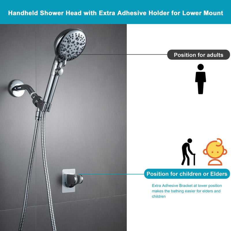 Handheld Shower Head with ON/OFF Switch,Detachable 8 Mode High Pressure Shower Wand with Long Hose and Bracket PLUS Extra Adhesive Holder for Lower Mount,Built-in Power Wash to Clean Tub,Silve Silver