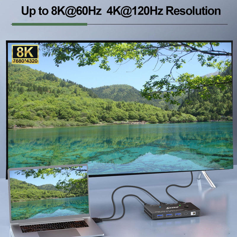 KCEVE HDMI KVM Switch 2 Computer 1 Monitor 8K@60Hz, KVM Switch HDMI 2 Port with 3 USB3.0, Wired Remote, Power Adapter and USB Cables 8K HDMI KVM 2 PC 1 Monitor