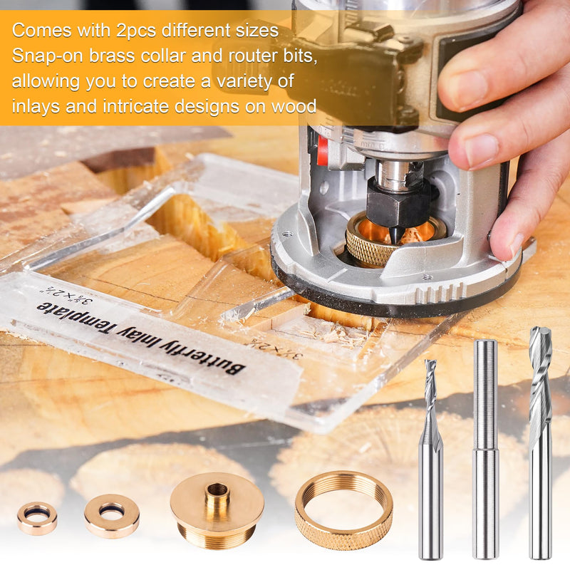 SpeTool Router Inlay Kit, Solid Brass Inlay Bushing Kit Includes 1/8 Inch and 1/4 Inch Cutting Diameter with 1/4 Shank Carbide Spiral Upcut Bit, Router Bushing Guide Set for Wood