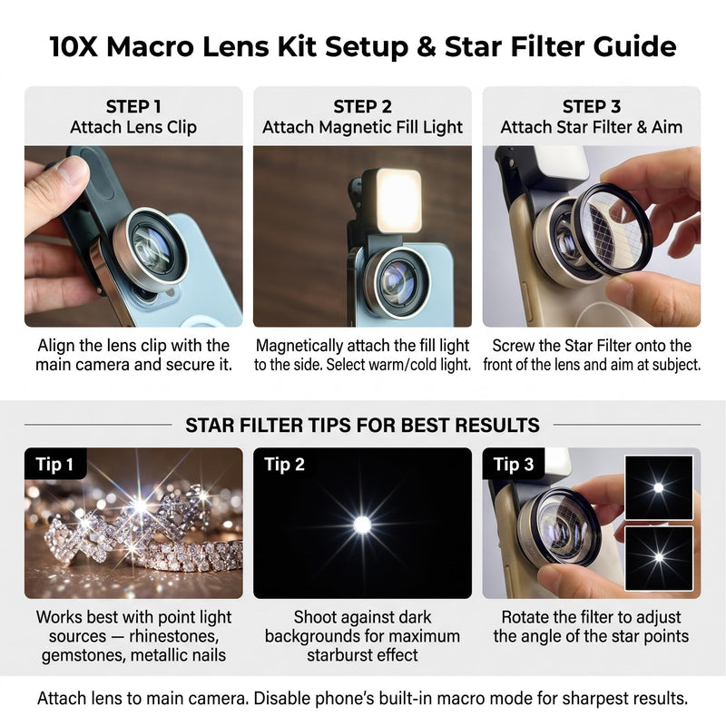 Macro Lens for iPhone 10X Phone Camera Lens Kit with Fill Light & Star Filter, Magnetic Warm/Cool Fill Light Universal Clip for Nail Art & Jewelry Photography