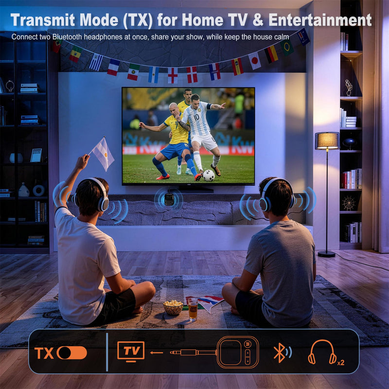 2-in-1 Bluetooth 6.0 Transmitter Receiver, Bluetooth Adapter for Airplane | Works with In-Flight Use,TV,Car/Home Stereos,Supports 2 Headphones,3.5mm AUX Wireless Audio Adapter with Mic & Color Display Black