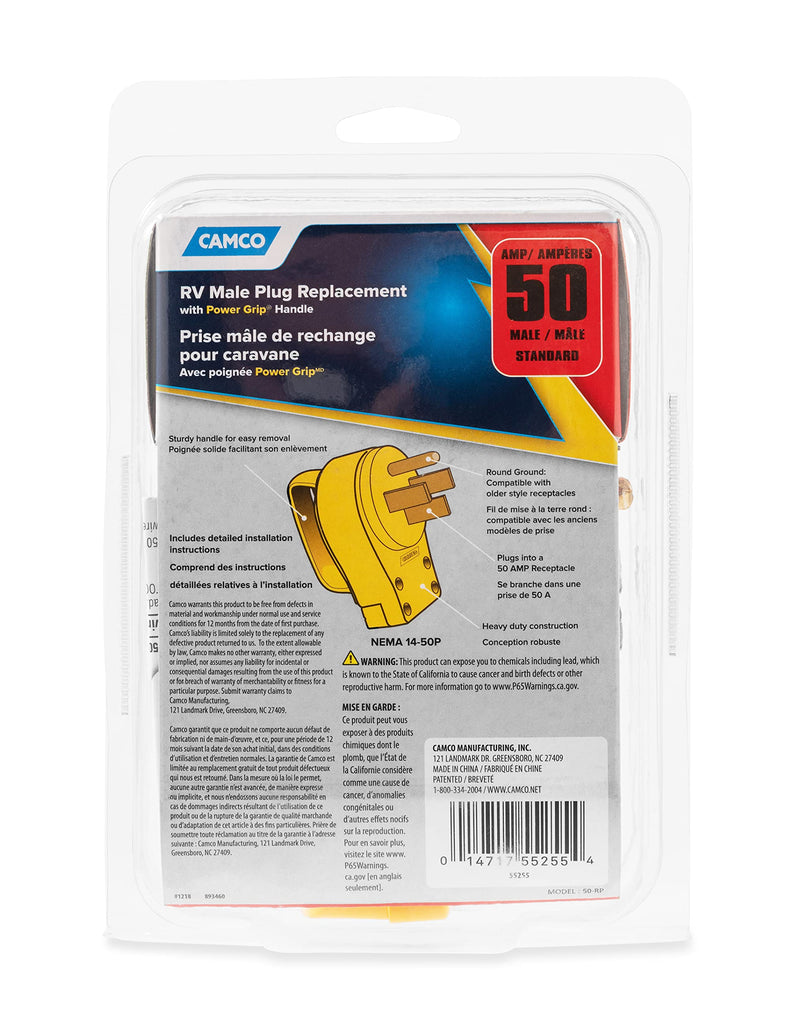 Camco Power Grip Camper/RV Replacement Plug - Attach 50 Amp Plug to Existing RV Extension Cord - Features 50 Amp RV Plug (NEMA 14-50P) & Ergonomic Designed Handle - Rated 125-250V/12,500W (55255)