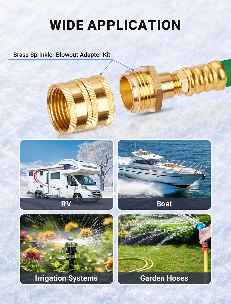 Brass RV Winterizing Kit with Schrader Valve Blow Out Plug, 17 Inch Garden Hose with 3/4" GHT Adaptor & 1/4" NPT Quick Connect Plug, Sprinkler Blowout Adapter for Camper, Travel Trailer