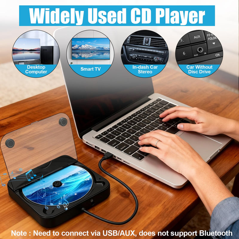 Portable CD Player for Car, External Car CD Player (Black) | USB Plug and Play, AUX Port, USB Extension Cable, Personal CD Players for Laptop/Computer/TV Black